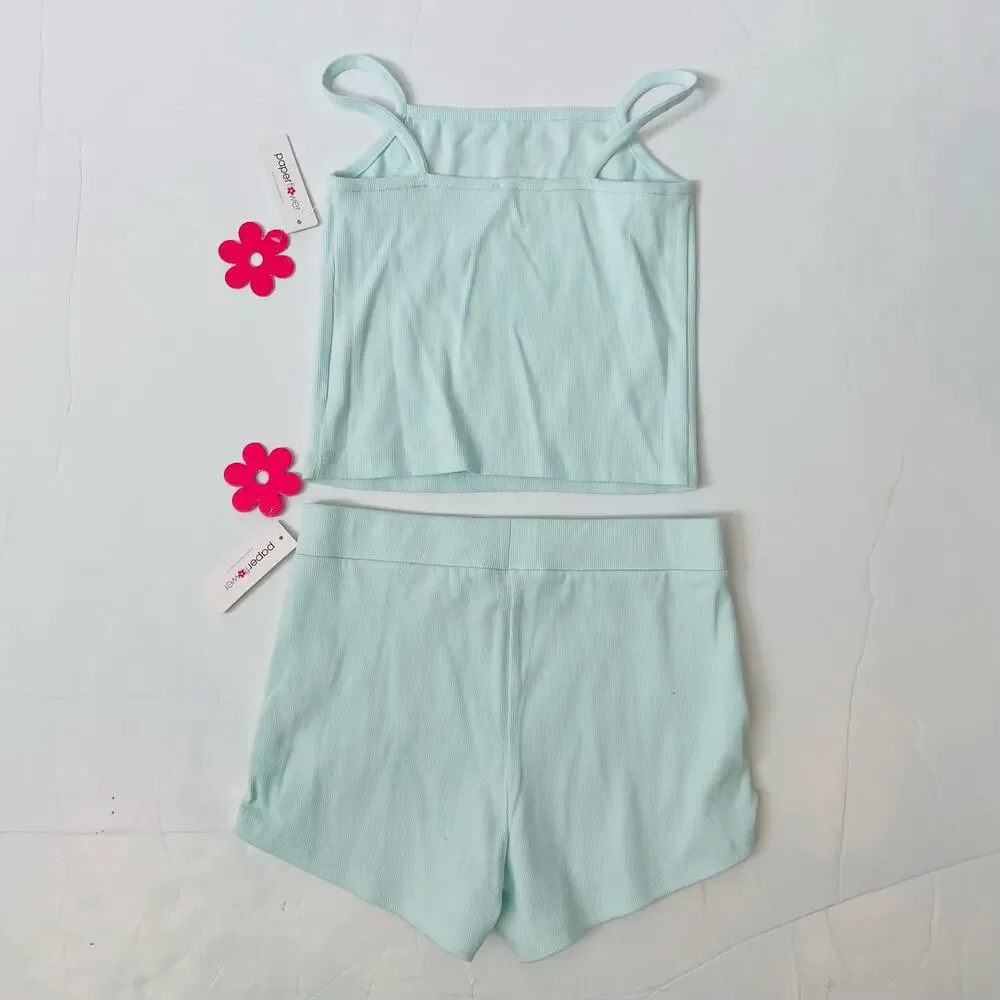 NWT Paperflower Size L (12/14) Daisy Rib Cropped Set in Pastel Blue